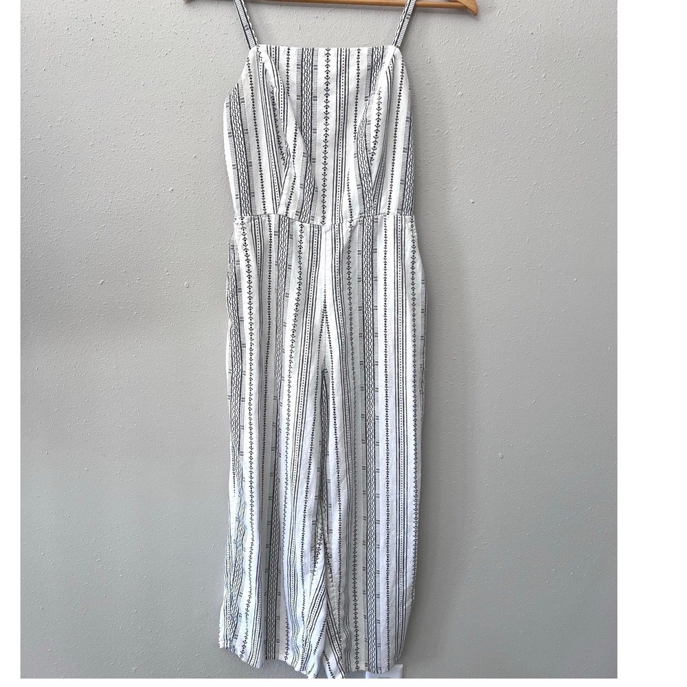 Old Navy Linen Blend Jumpsuit Sz XS White Black Embroidery Wide Leg Boho Summer